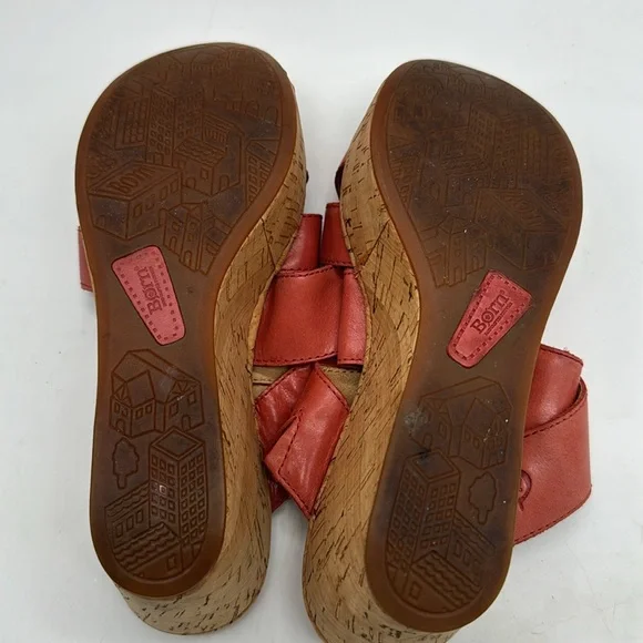 Born Red Leather Strappy Sandal With Cork Wedge Size 7 MCS6374E - Picture 6 of 11